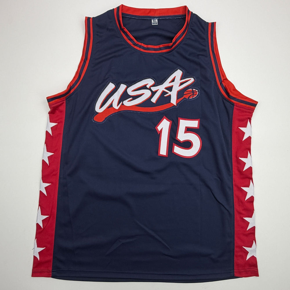 Autographed/Signed Hakeem Olajuwon United States USA Olympics Blue Basketball Jersey JSA COA (ONLINE ORDER ONLY)
