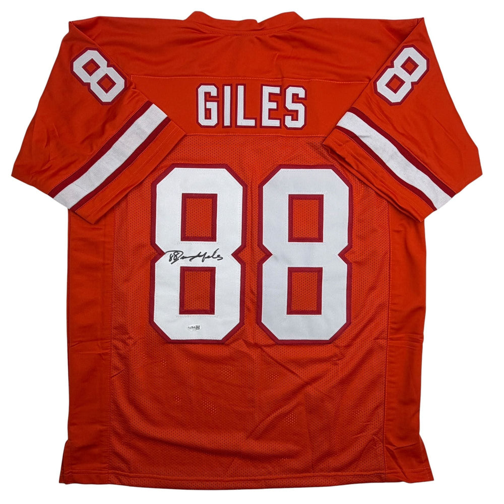 Autographed/Signed Jimmie Giles Tampa Bay Orange Football Jersey JSA COA (ONLINE ORDER ONLY)
