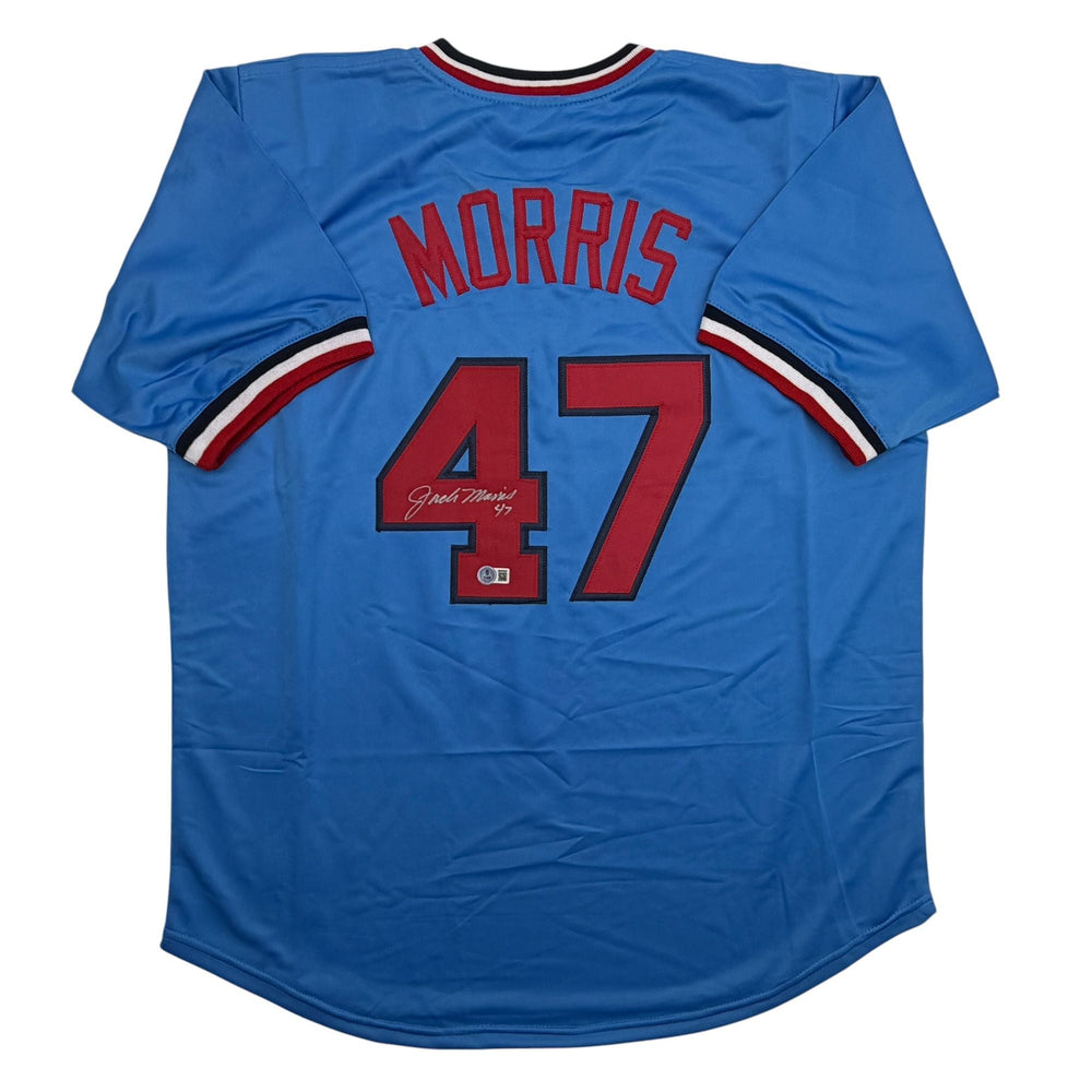 Autographed/Signed Jack Morris Minnesota Blue Baseball Jersey Beckett BAS COA (ONLINE ORDER ONLY)