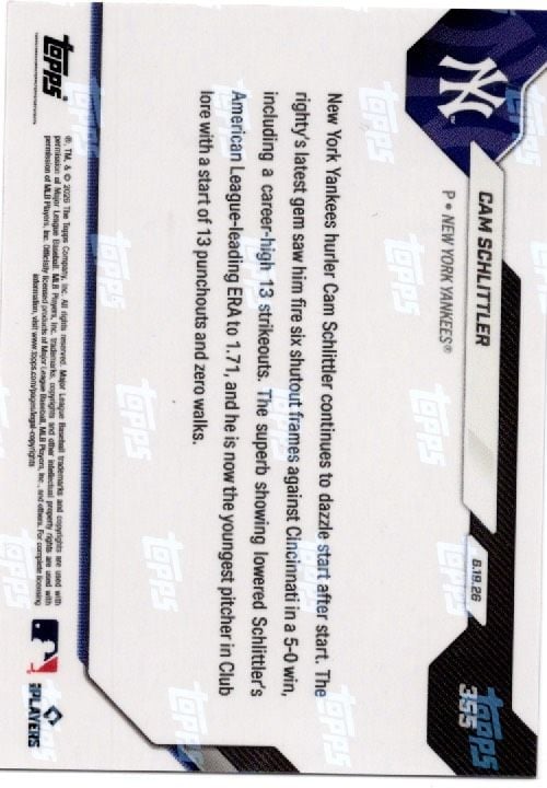 2026 Topps Now Cam Schlittler #355 Gold Foil /50 Career Best 13K Start Makes Yankees History New York Yankees Rookie RC Baseball Card (ONLINE ORDER ONLY)