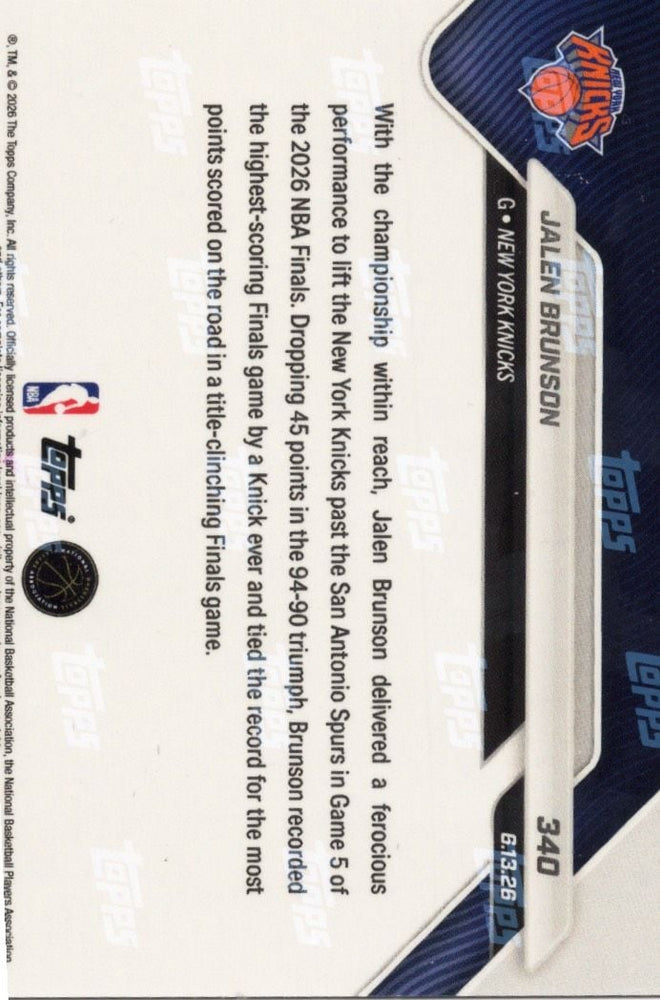 2025 Topps Now Jalen Brunson #340 Gold Foil /50 45 Point Masterpiece Earns 1st Career NBA Title New York Knicks Basketball Card (ONLINE ORDER ONLY)
