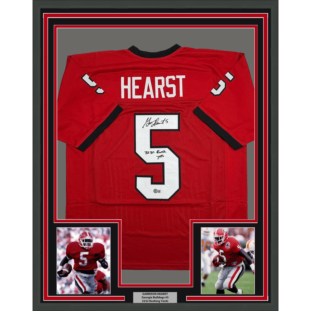 Framed Autographed/Signed Garrison Hearst 35x39 3232 Yards Georgia Red College Football Jersey Beckett BAS COA (ONLINE ORDER ONLY)
