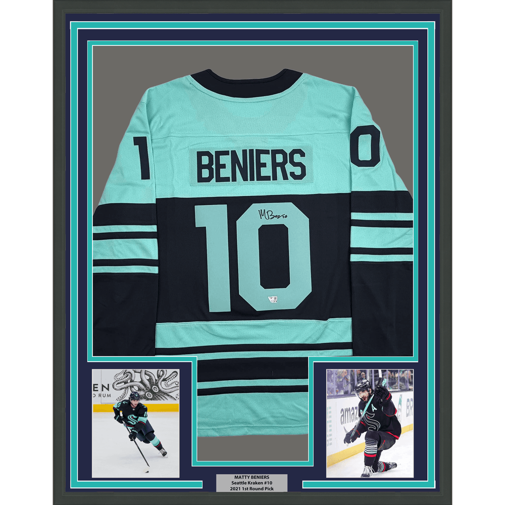 Framed Autographed/Signed Matty Beniers 35x39 Seattle Kraken Blue Authentic Hockey Jersey Fanatics COA (ONLINE ORDER ONLY)