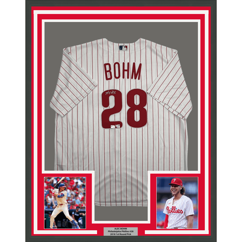 Framed Autographed/Signed Alec Bohm 35x39 Philadelphia Phillies Pinstripe Authentic Baseball Jersey Fanatics & MLB COA (ONLINE ORDER ONLY)