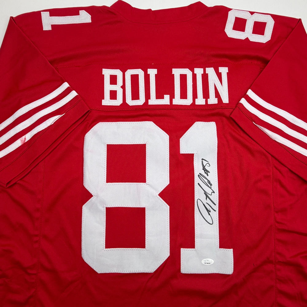 Autographed/Signed Anquan Boldin San Francisco Red Football Jersey JSA COA (ONLINE ORDER ONLY)
