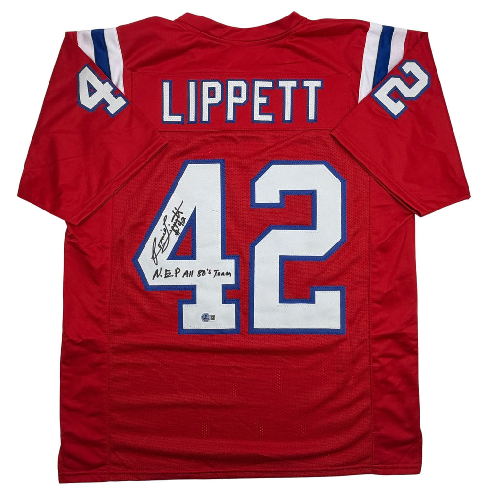 Autographed/Signed Ronnie Lippett New England Red Football Jersey Beckett BAS COA (ONLINE ORDER ONLY)