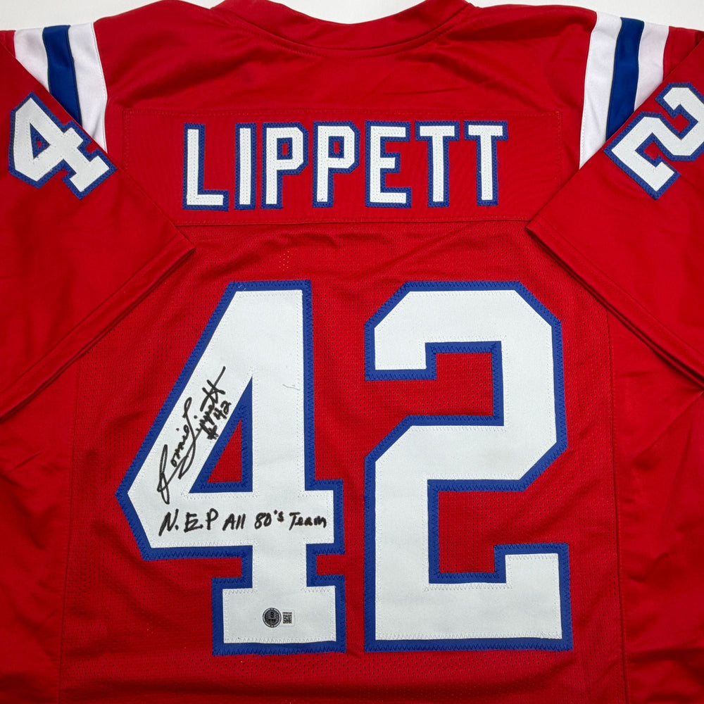 Autographed/Signed Ronnie Lippett New England Red Football Jersey Beckett BAS COA (ONLINE ORDER ONLY)