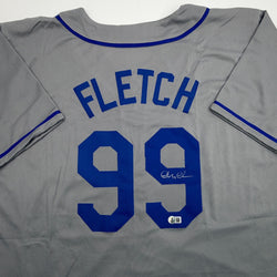 Autographed/Signed Chevy Chase Fletch Los Angeles Grey Baseball Jersey Beckett BAS COA (ONLINE ORDER ONLY)