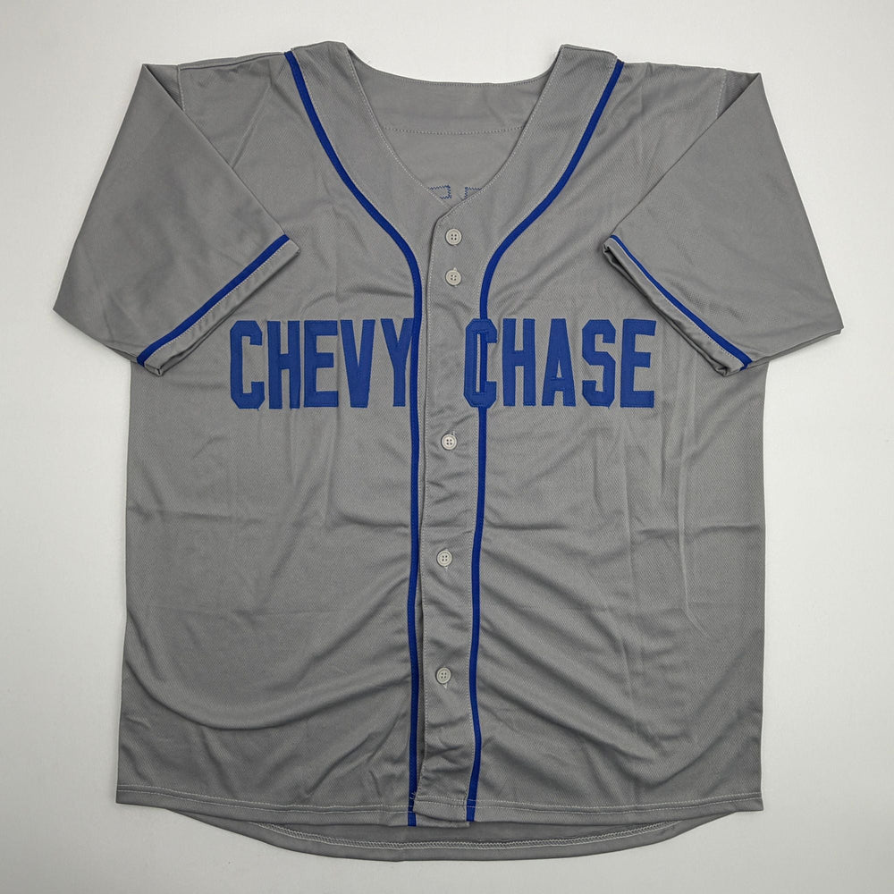 Autographed/Signed Chevy Chase Fletch Los Angeles Grey Baseball Jersey Beckett BAS COA (ONLINE ORDER ONLY)
