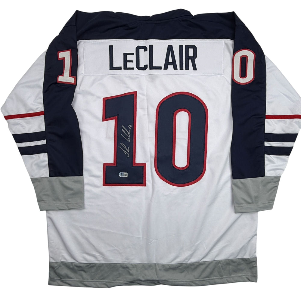 Autographed/Signed John LeClair United States Team USA White Hockey Jersey Beckett BAS COA (ONLINE ORDER ONLY)