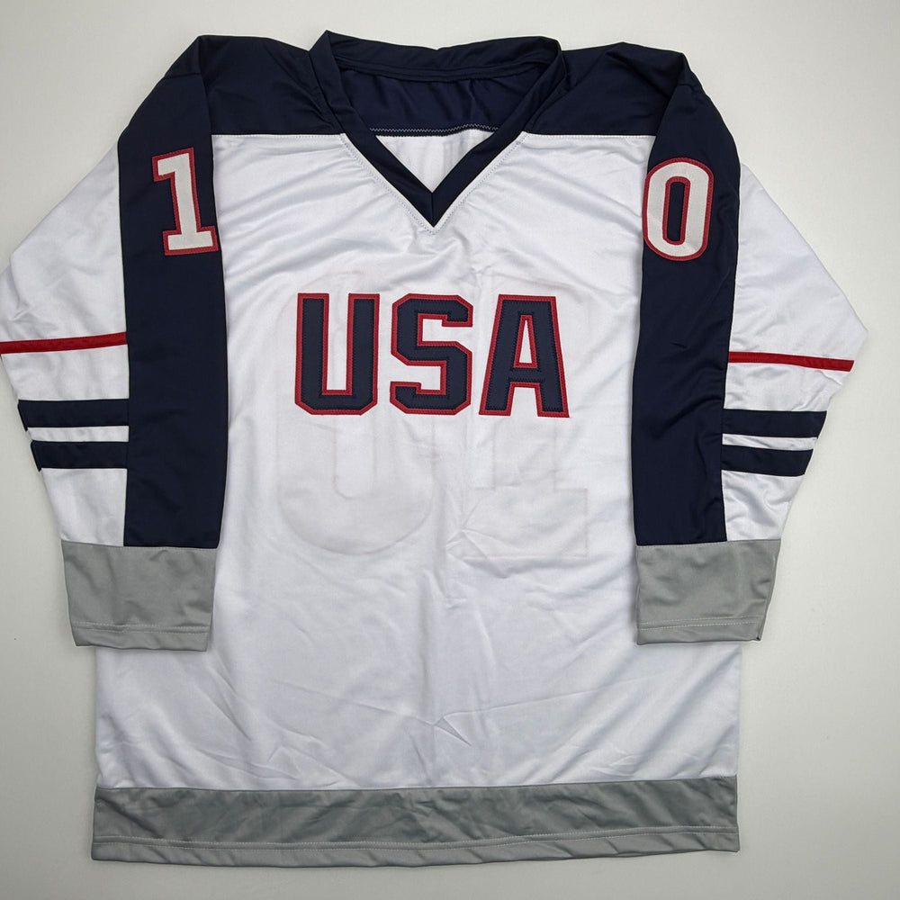Autographed/Signed John LeClair United States Team USA White Hockey Jersey Beckett BAS COA (ONLINE ORDER ONLY)