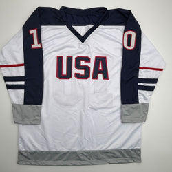 Autographed/Signed John LeClair United States Team USA White Hockey Jersey Beckett BAS COA (ONLINE ORDER ONLY)