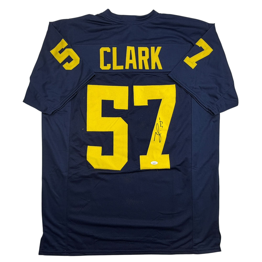 Autographed/Signed Frank Clark Michigan Blue College Football Jersey JSA COA (ONLINE ORDER ONLY)