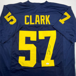 Autographed/Signed Frank Clark Michigan Blue College Football Jersey JSA COA (ONLINE ORDER ONLY)