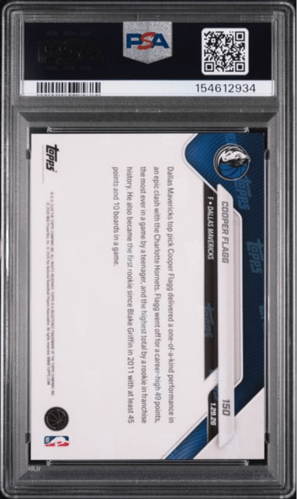 Graded 2025 Topps Now Cooper Flagg #150 Rookie RC Basketball Card PSA 9 Mint (ONLINE ORDER ONLY)
