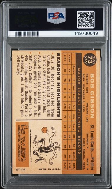 Graded 1960 Topps Bob Gibson #73 Baseball Card PSA 4 VG-EX (ONLINE ORDER ONLY)