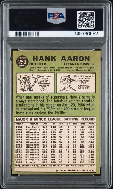Graded 1967 Topps Hank Aaron #250 Baseball Card PSA 6 EX-MT (ONLINE ORDER ONLY)
