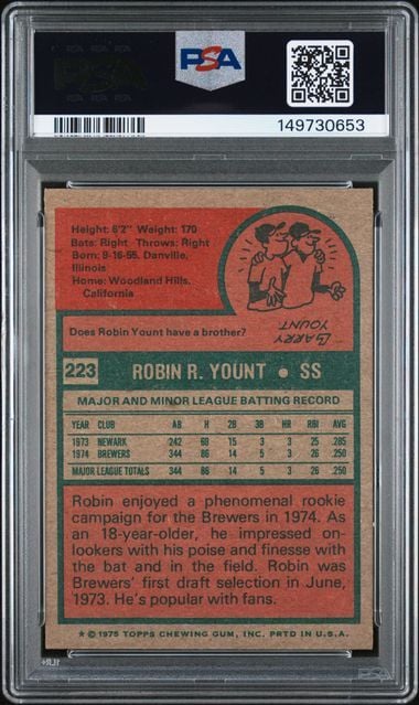 Graded 1975 Topps Robin Yount #223 Rookie RC Baseball Card PSA 6 EX-MT (ONLINE ORDER ONLY)