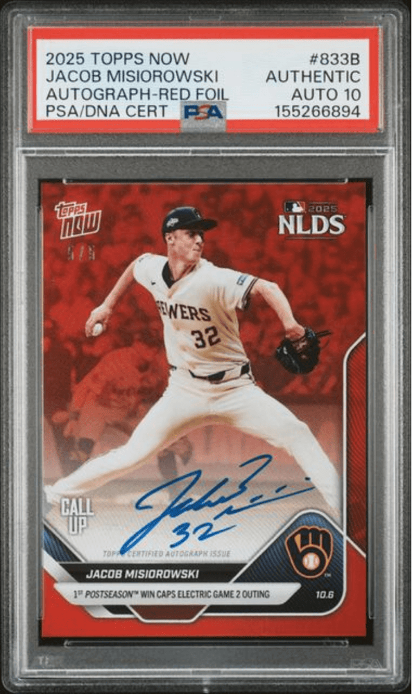 Graded 2025 Topps Now Jacob Misiorowski #833B Auto Red Foil /5 Rookie RC Baseball Card Authentic Auto PSA 10 Gem Mint (ONLINE ORDER ONLY)