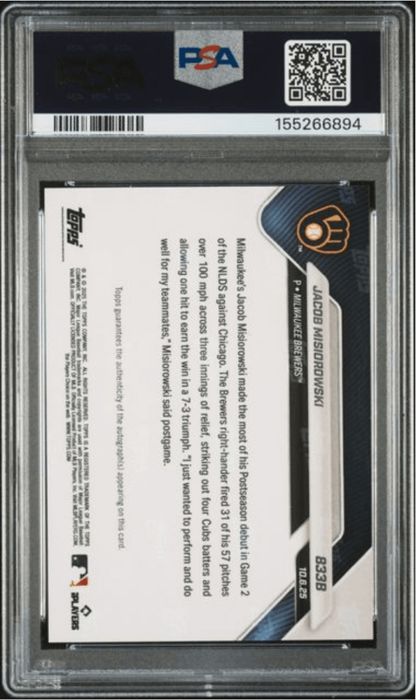 Graded 2025 Topps Now Jacob Misiorowski #833B Auto Red Foil /5 Rookie RC Baseball Card Authentic Auto PSA 10 Gem Mint (ONLINE ORDER ONLY)