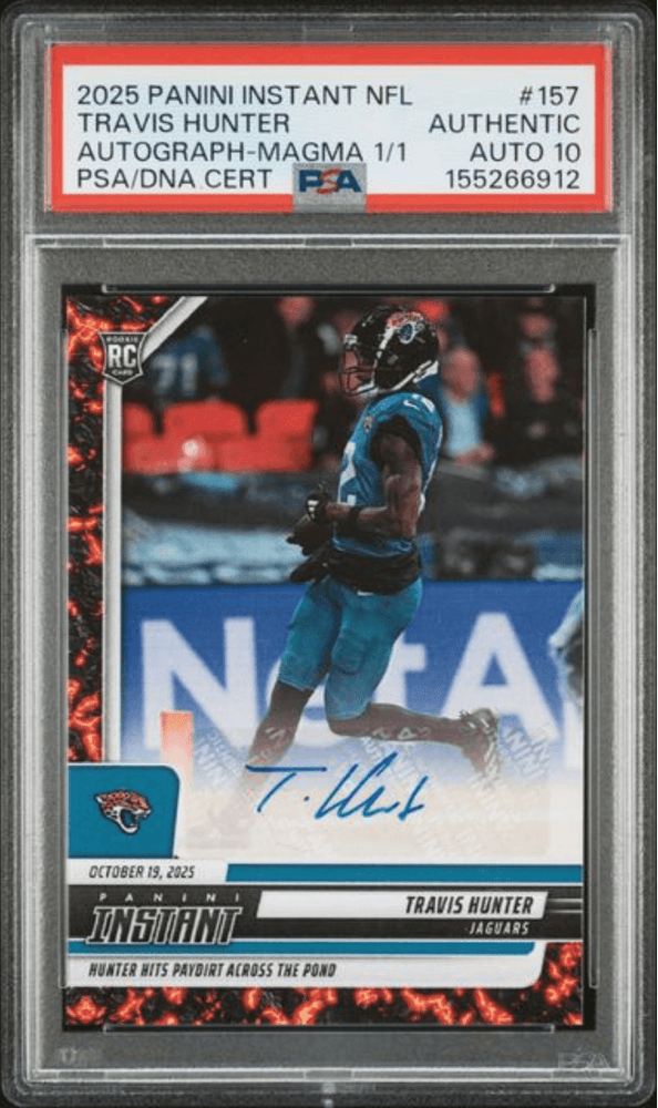 Graded 2025 Panini Instant Travis Hunter #157 Autograph Magma 1/1 Rookie RC Football Card Authentic Auto PSA 10 Gem Mint (ONLINE ORDER ONLY)