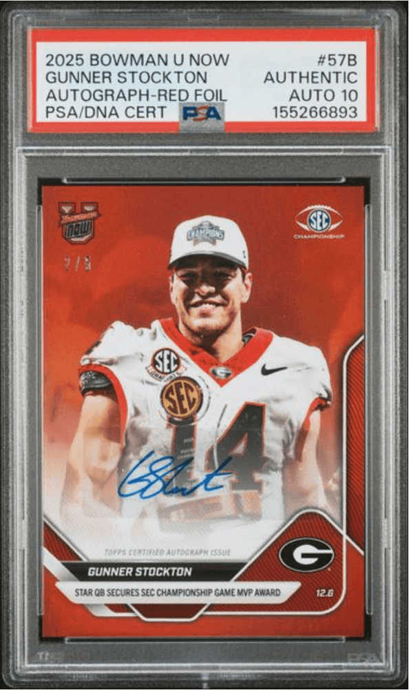 Graded 2025 Topps Bowman U Now Gunner Stockton #57B Autograph Red Foil /5 Rookie RC Football Card Authentic Auto PSA 10 Gem Mint (ONLINE ORDER ONLY)