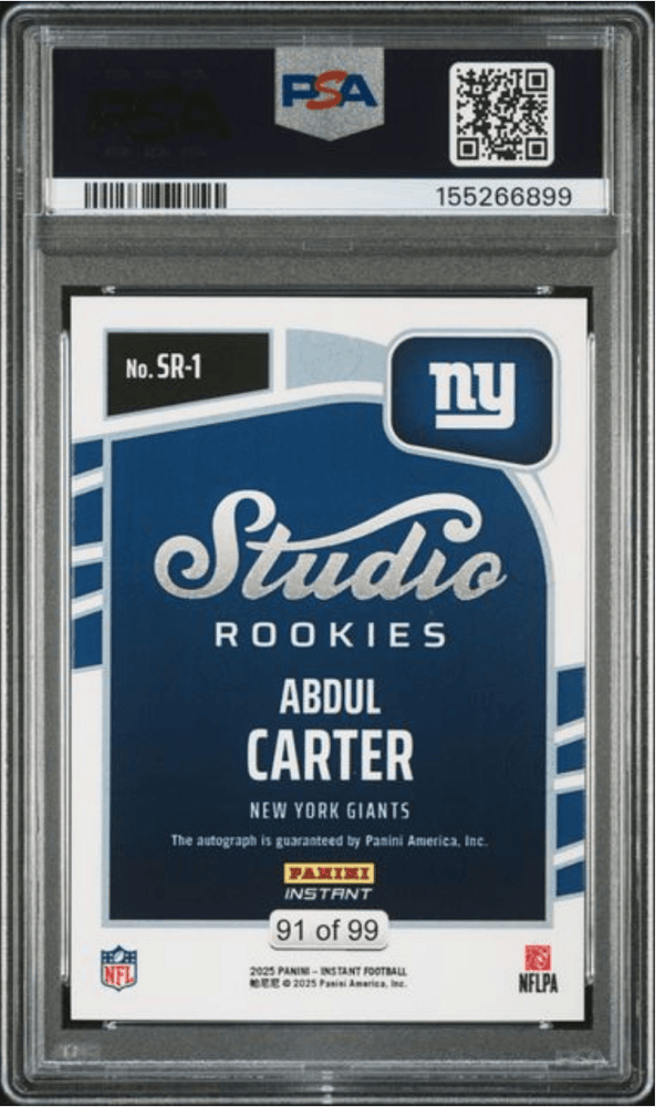 Graded 2025 Panini Instant Abdul Carter #SR1 Studio Rookies Auto /99 Rookie RC Football Card Authentic Auto PSA 10 Gem Mint (ONLINE ORDER ONLY)
