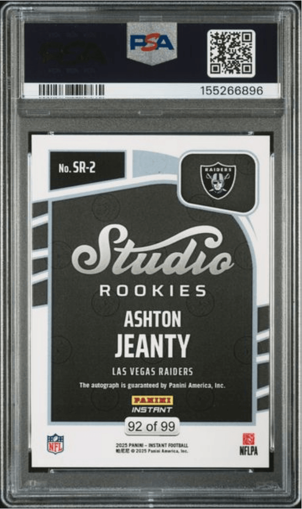 Graded 2025 Panini Instant Ashton Jeanty #SR2 Studio Rookies Auto /99 Rookie RC Football Card Authentic Auto PSA 10 Gem Mint (ONLINE ORDER ONLY)