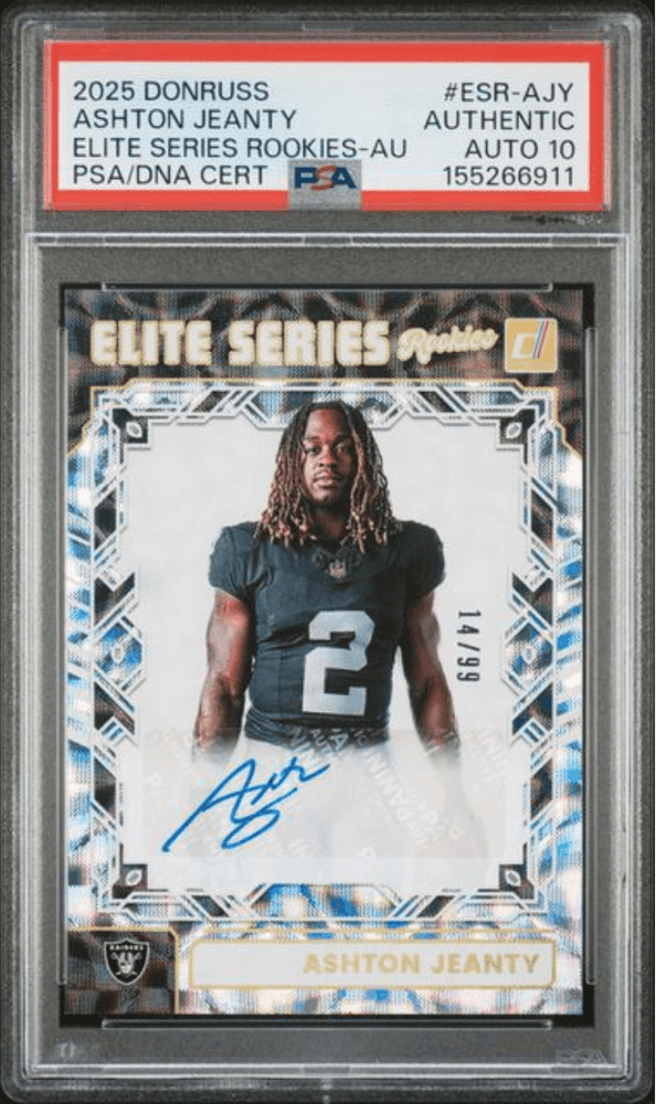 Graded 2025 Panini Donruss Ashton Jeanty #ESRAJY Elite Series Rookies Auto /99 Rookie RC Football Card Authentic Auto PSA 10 Gem Mint (ONLINE ORDER ONLY)