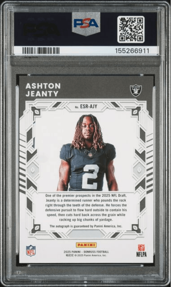 Graded 2025 Panini Donruss Ashton Jeanty #ESRAJY Elite Series Rookies Auto /99 Rookie RC Football Card Authentic Auto PSA 10 Gem Mint (ONLINE ORDER ONLY)