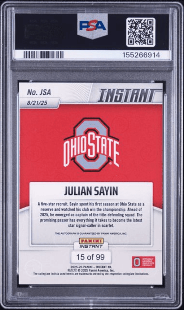 Graded 2025 Panini Instant Julian Sayin #JSA Autograph /99 Rookie RC Football Card Authentic Auto PSA 10 Gem Mint (ONLINE ORDER ONLY)
