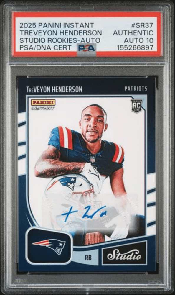 Graded 2025 Panini Instant Treveyon Henderson #SR37 Studio Rookies Auto /99 Rookie RC Football Card Authentic Auto PSA 10 Gem Mint (ONLINE ORDER ONLY)