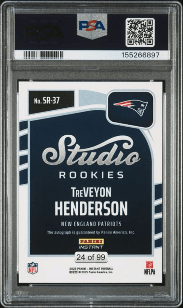 Graded 2025 Panini Instant Treveyon Henderson #SR37 Studio Rookies Auto /99 Rookie RC Football Card Authentic Auto PSA 10 Gem Mint (ONLINE ORDER ONLY)