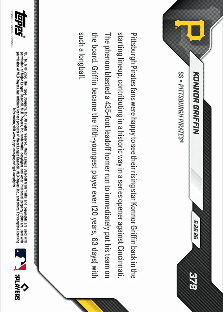 2026 Topps Now Konnor Griffin #379 5th Youngest in MLB History to Hit Leadoff Home Run Pittsburgh Pirates Rookie RC Baseball Card (ONLINE ORDER ONLY)