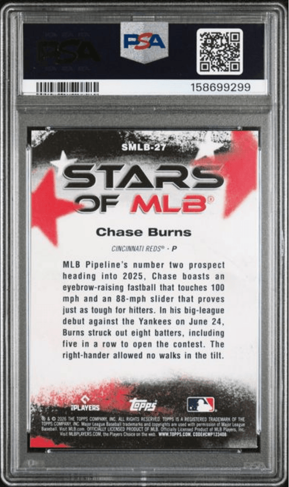 Graded 2026 Topps Chase Burns #27 Stars of MLB Rookie RC Baseball Card PSA 10 Gem Mint (ONLINE ORDER ONLY)