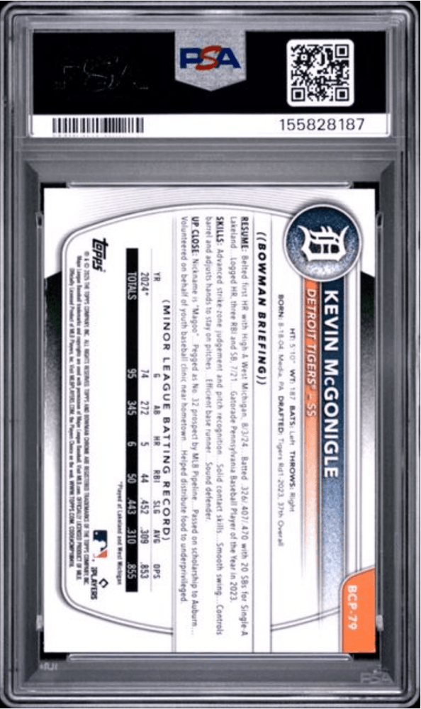 Graded 2025 Topps Bowman Kevin McGonigle #BCP79 Chrome Prospect Reptilian Refractor Rookie RC Baseball Card PSA 9 Mint (ONLINE ORDER ONLY)