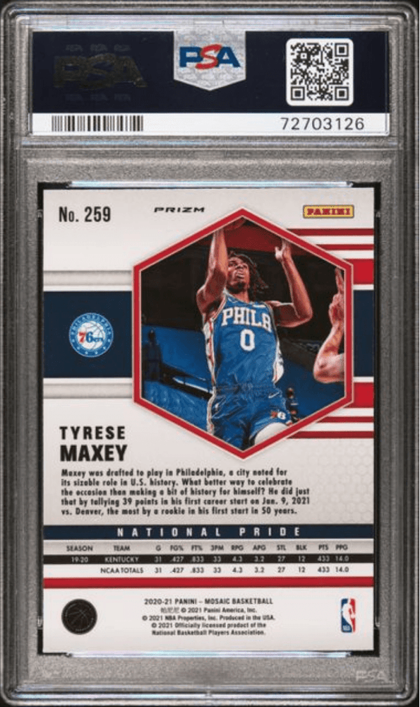 Graded 2020 Panini Mosaic Tyrese Maxey #259 Reactive Green Rookie RC Basketball Card PSA 10 Gem Mint (ONLINE ORDER ONLY)