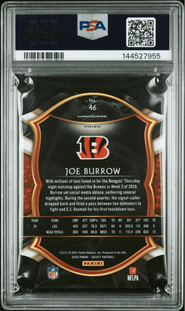 Graded 2020 Panini Select Joe Burrow #46 Die Cut Maroon Prizm Rookie RC Football Card PSA 10 Gem Mint (ONLINE ORDER ONLY)