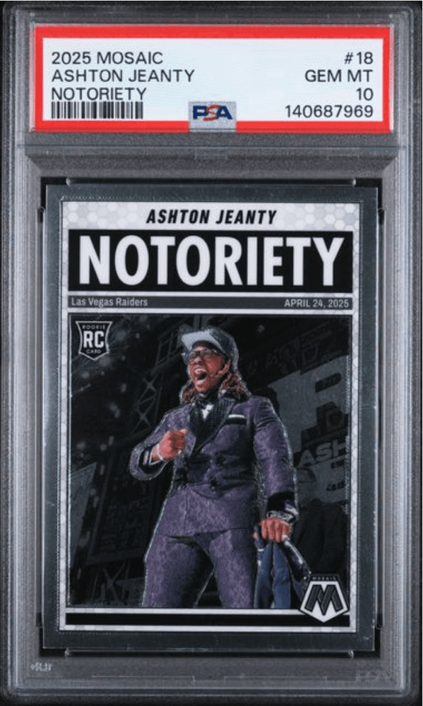 Graded 2025 Panini Mosaic Ashton Jeanty #18 Notoriety Rookie RC Football Card PSA 10 Gem Mint (ONLINE ORDER ONLY)