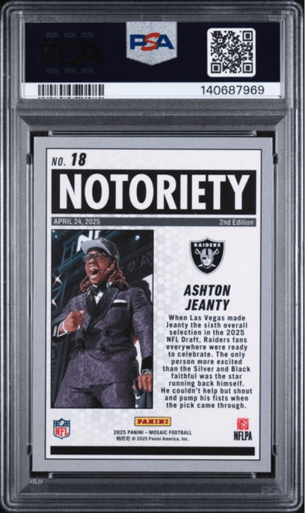 Graded 2025 Panini Mosaic Ashton Jeanty #18 Notoriety Rookie RC Football Card PSA 10 Gem Mint (ONLINE ORDER ONLY)
