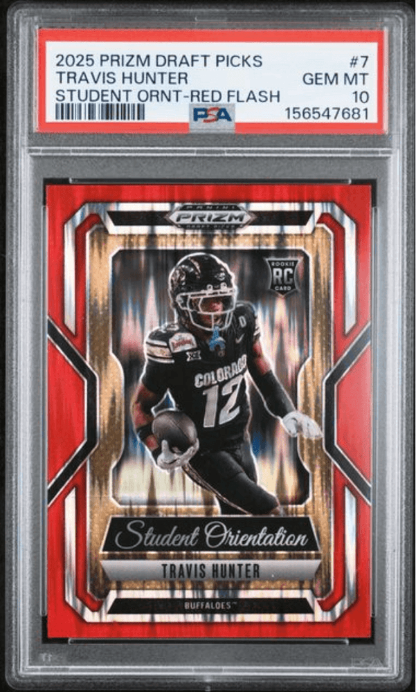 Graded 2025 Panini Prizm Draft Picks Travis Hunter #7 Student Orientation Red Flash /49 Rookie RC Football Card PSA 10 Gem Mint (ONLINE ORDER ONLY)