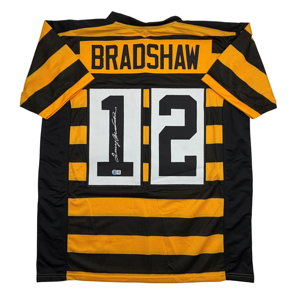 Autographed/Signed Terry Bradshaw Pittsburgh Bumble Bee Football Jersey Beckett BAS COA (ONLINE ORDER ONLY)