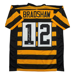 Autographed/Signed Terry Bradshaw Pittsburgh Bumble Bee Football Jersey Beckett BAS COA (ONLINE ORDER ONLY)
