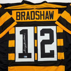 Autographed/Signed Terry Bradshaw Pittsburgh Bumble Bee Football Jersey Beckett BAS COA (ONLINE ORDER ONLY)