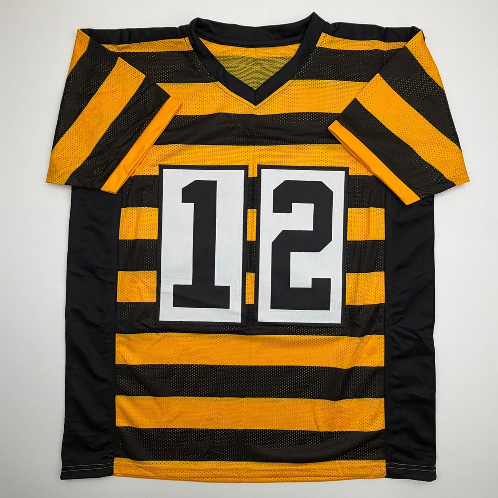 Autographed/Signed Terry Bradshaw Pittsburgh Bumble Bee Football Jersey Beckett BAS COA (ONLINE ORDER ONLY)
