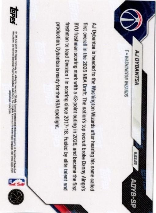 2026 Topps Now AJ Dybantsa #ADYBSP Wizards 1st Overall 2026 NBA Draft Selection Washington Wizards Rookie RC Basketball Card (ONLINE ORDER ONLY)