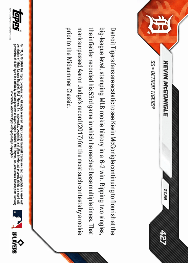 2026 Topps Now Kevin McGonigle #427 53rd Multiple On Base Game Sets MLB Rookie Mark Detroit Tigers Rookie RC Baseball Card (ONLINE ORDER ONLY)
