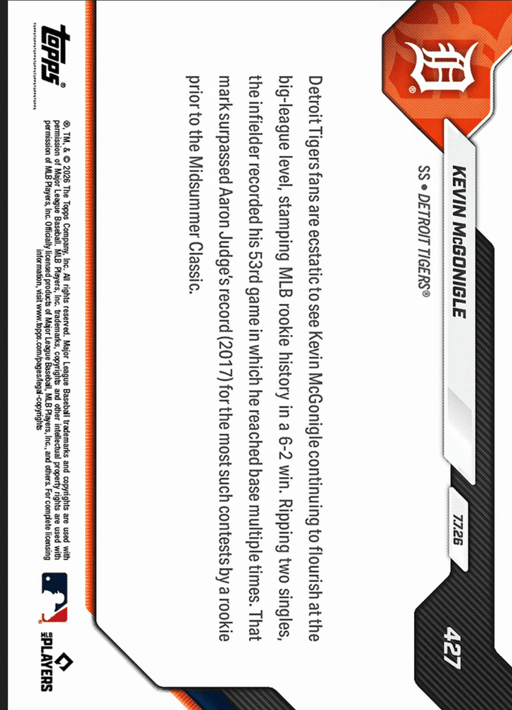 2026 Topps Now Kevin McGonigle #427 Orange Foil /25 53rd Multiple On Base Game Sets MLB Rookie Mark Detroit Tigers Rookie RC Baseball Card (ONLINE ORDER ONLY)