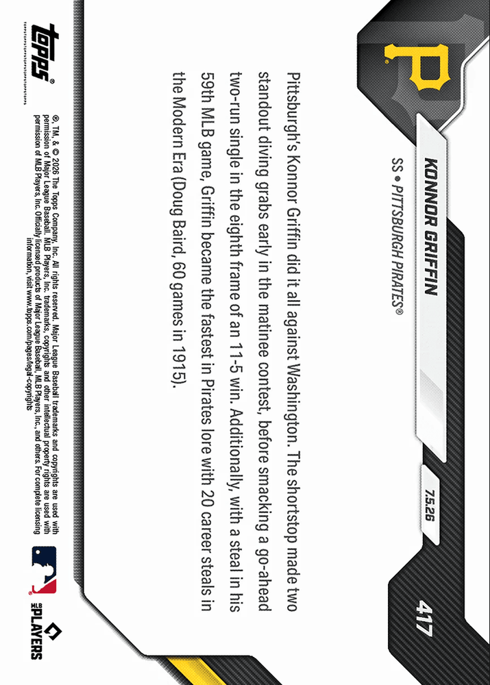 2026 Topps Now Konnor Griffin #417 2 Diving Grabs, Go Ahead Hit Fuel Pirates Win Pittsburgh Pirates Rookie RC Baseball Card (ONLINE ORDER ONLY)