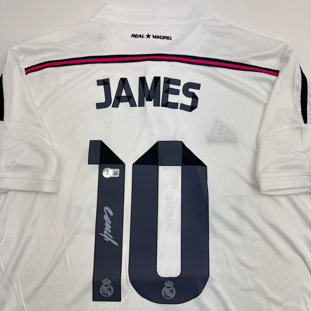 Autographed/Signed James Rodriguez Real Madrid White Soccer Futbol Jersey Beckett BAS COA (ONLINE ORDER ONLY)